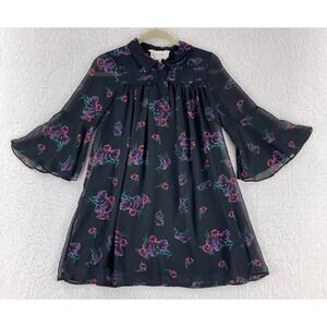Coincidence‎ & Chance Swing Dress Womens Small Black Floral Bell Sleeve Chiffon